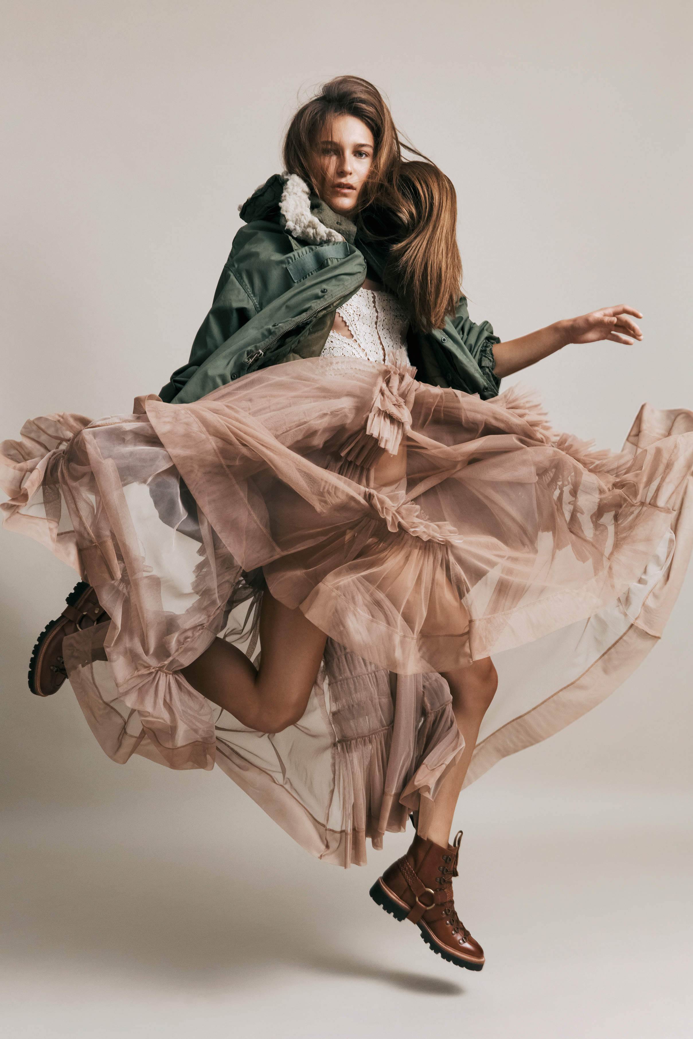 Boho-coolDress, ullajohnson.com; parka, Rokit, rokit.co.uk; boots, grenson.com