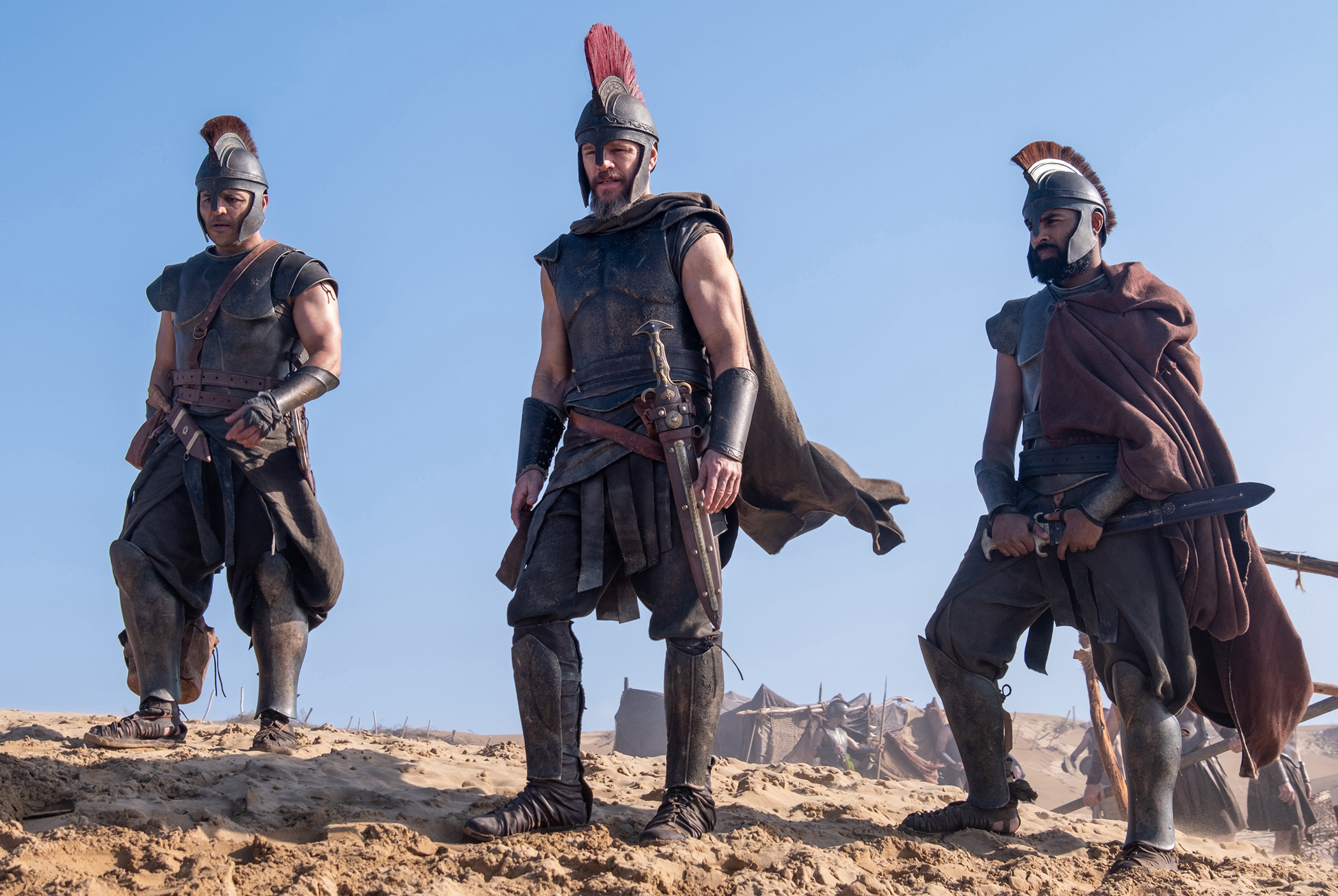 Himesh Patel (right) as Eurylochus in The Odyssey, with Jimmy Gonzales as Cepheus and Matt Damon as Odysseus