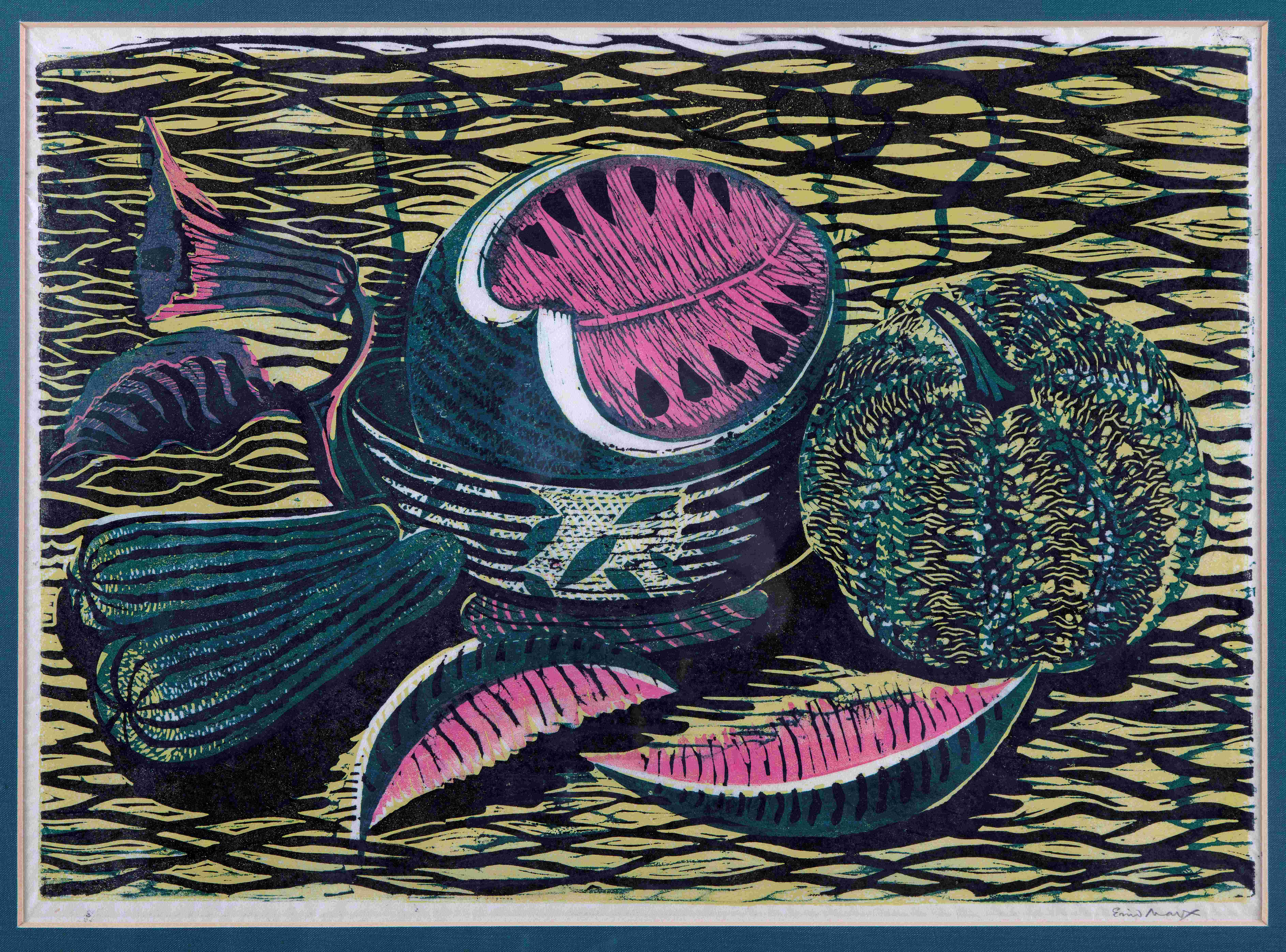 Enid Marx, Watermelon, pumpkin and cucumber, 1950s, three colour linocut on paper