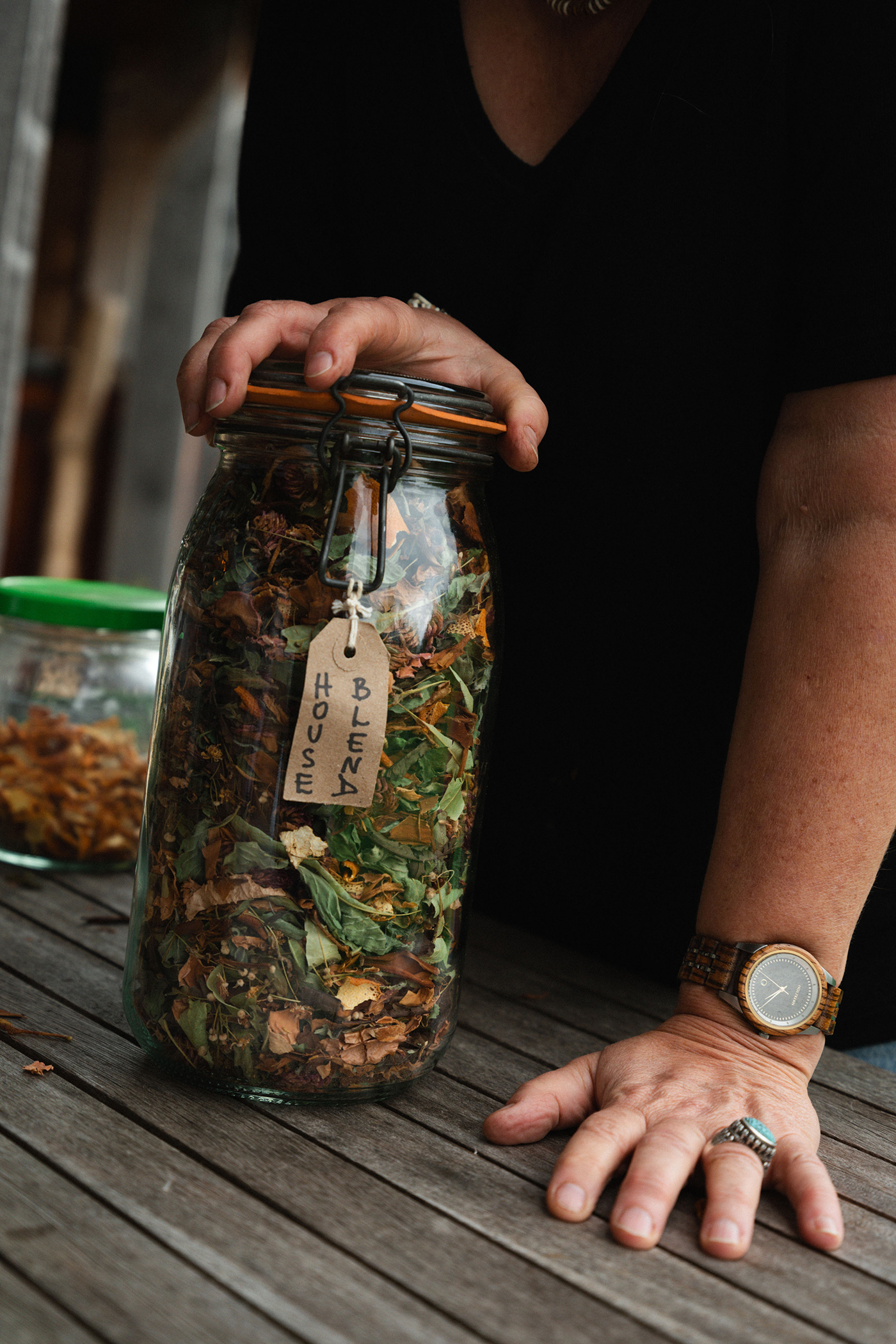 A tea blend of hawthorn, honeysuckle, red clover, watermint, and more