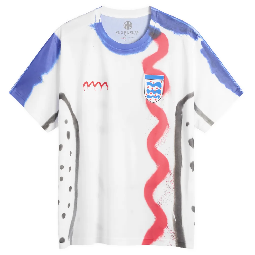 Pashion for fassion: Multidisciplinary artist Navinder Nangla brings his signature red squiggle ‘Pashion for fassion’ graffiti tag to the pitch, reworking England, Germany and Argentina’s home strips with his bold spray lines and deliberately mis-spelt names. Ingerlund jersey, £119, End Clothing