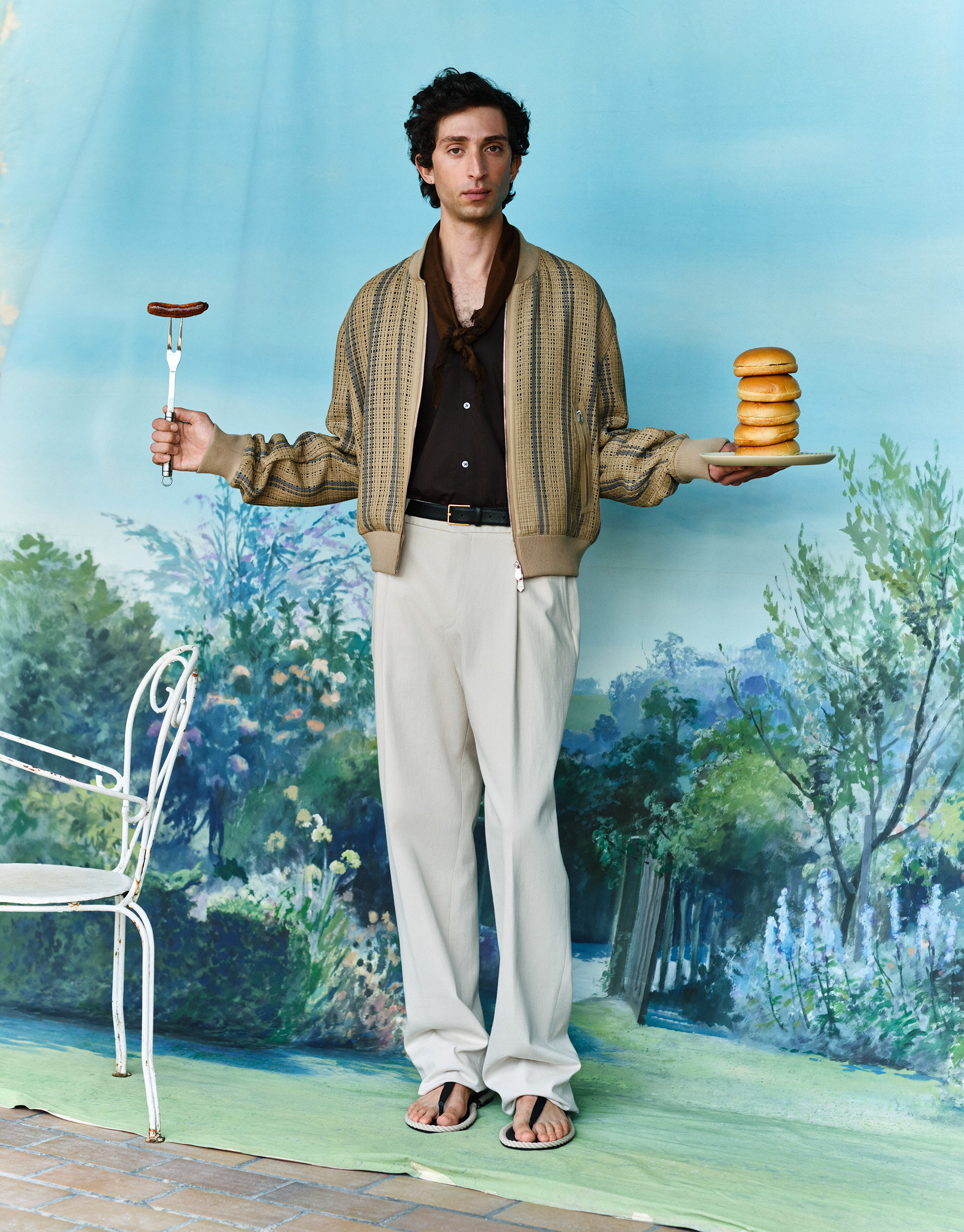 Woven-leather bomber, shirt, neckerchief, trousers, belt and sandals, all by Hermès