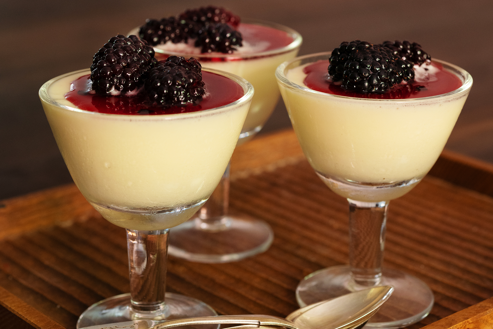 Nigel Slater’s white chocolate mousse with warm blackberries