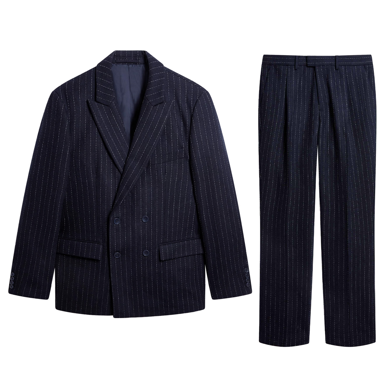 Stripe double breasted blazer £259 and pleated trouser £139, both Percival