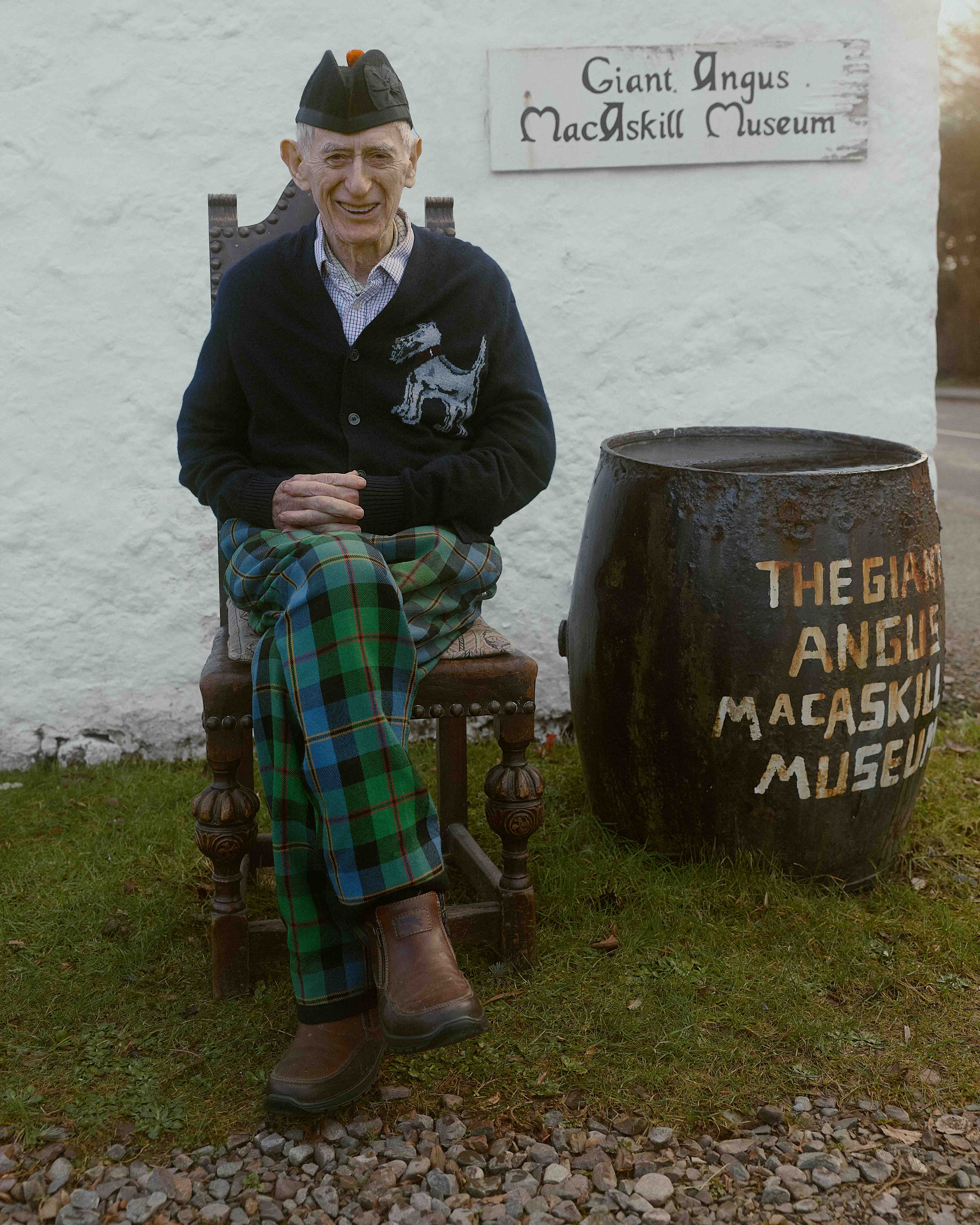 Peter MacAskill, 82; Peter is the founder of the Giant MacAskill Museum in Dunvegan. He wears a cashmere linen terrier cardigan by Dunhill