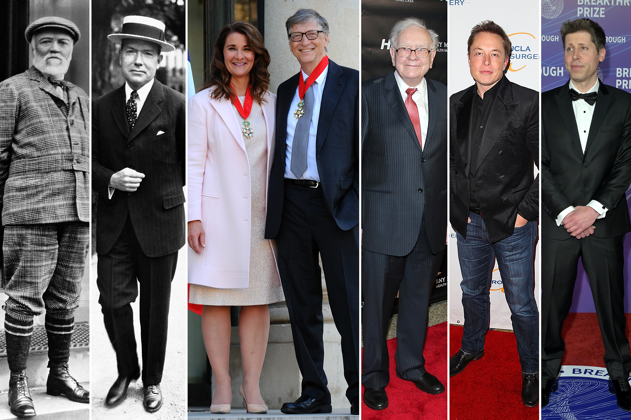 Andrew Carnegie, John Davison Rockefeller, Jr., Melinda and Bill Gates,  Warren Buffett, Elon Musk and Sam Altman
