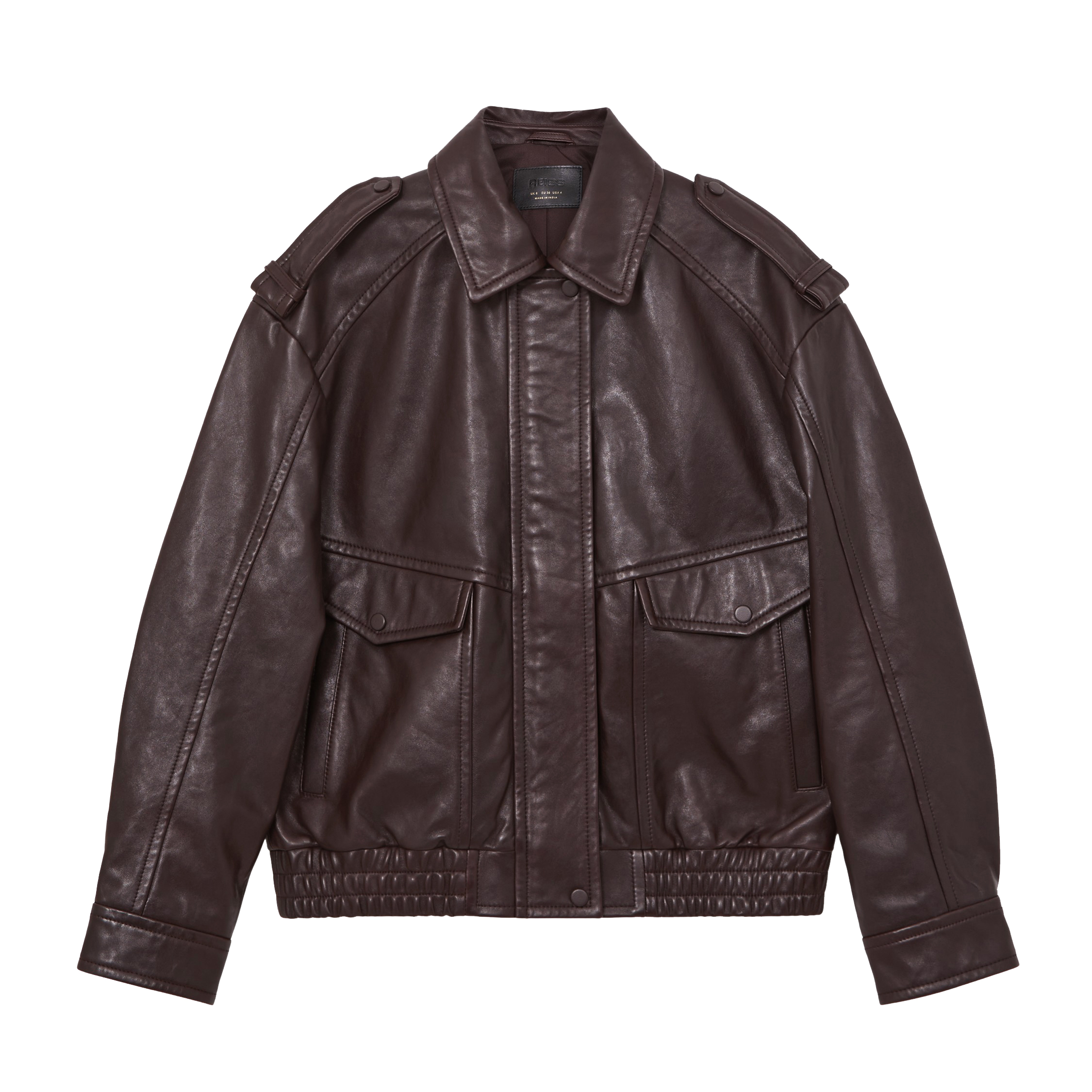 Flying high Peyton oversized leather jacket in Aubergine, £498, Reiss