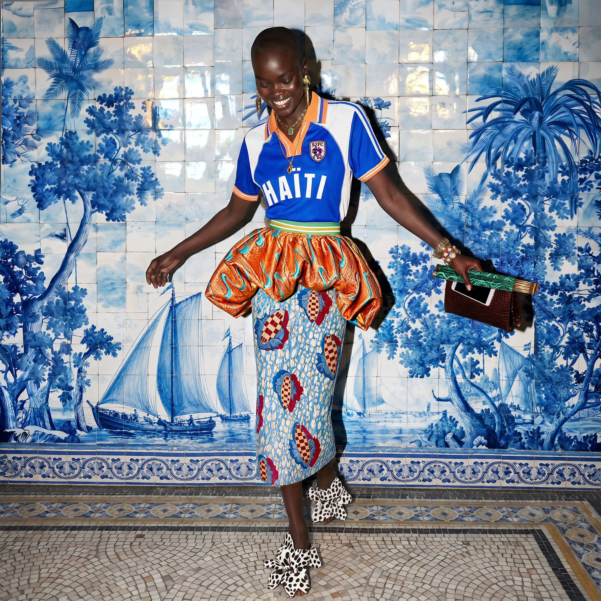 Squad style: Haitian-Italian designer Stella Jean’s ‘L’Haitiana’ capsule collection reimagines the intersection of football and fashion through a bold, culture-driven lens. The collection features three colourways of Haiti’s iconic football kit, redesigned into polo jerseys and T-shirt dresses that merge athletic influence with the labels DNA. Each colourful piece is hand-stitched, bearing the number 26 on the back – a mark of rebirth, not nostalgia, referring to Haiti’s return to the World Cup after 52 years. £250-£325, Stella Jean