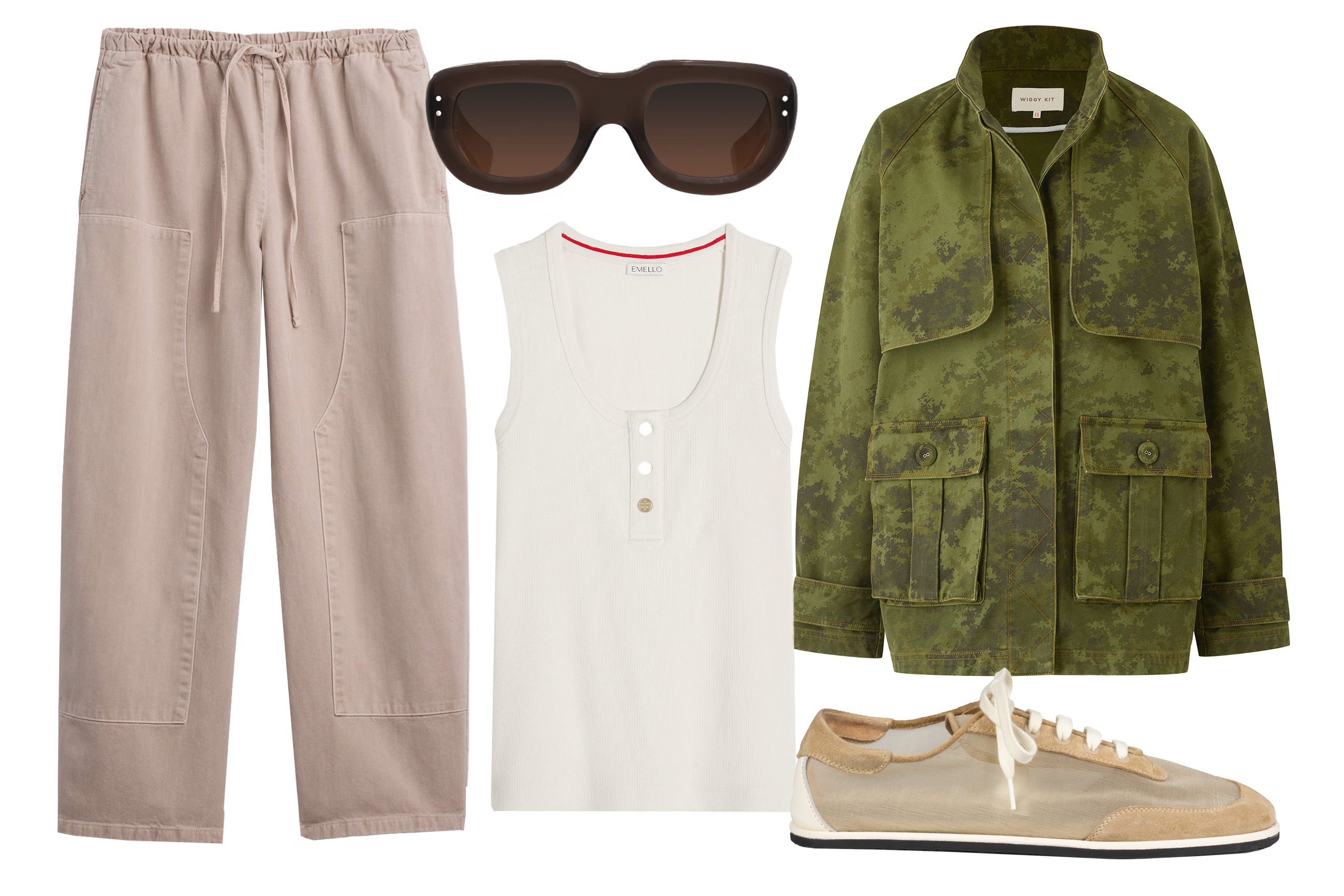 Ready for combat: barrel trousers £60, Gap; sunglasses, £350, Cubitts; tank top, £125, Emello; camo jacket, £425, Wiggy Kit; and sand suede trainers, £360, Dear Frances