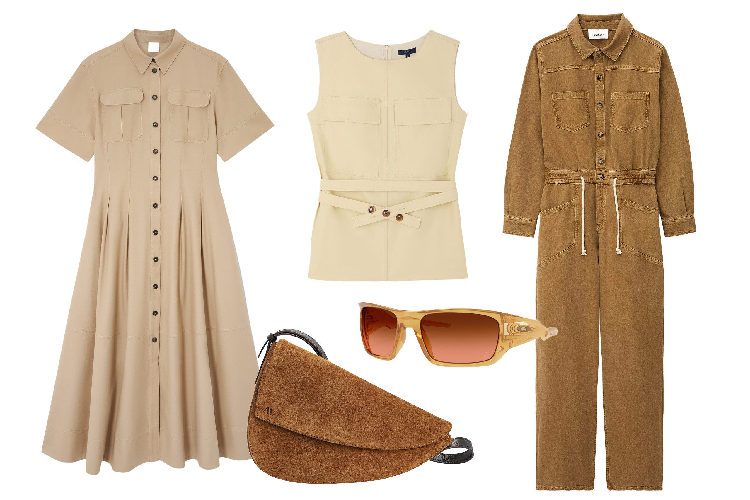 Better in beige: utility dress, £89, John Lewis; cotton top, £240, Soeur; suede cross body bag, £375, Kaai; sunglasses, £137, Oakley; and cargo jumpsuit, £300, ba&shMain image: model wears Essentiel Antwerp