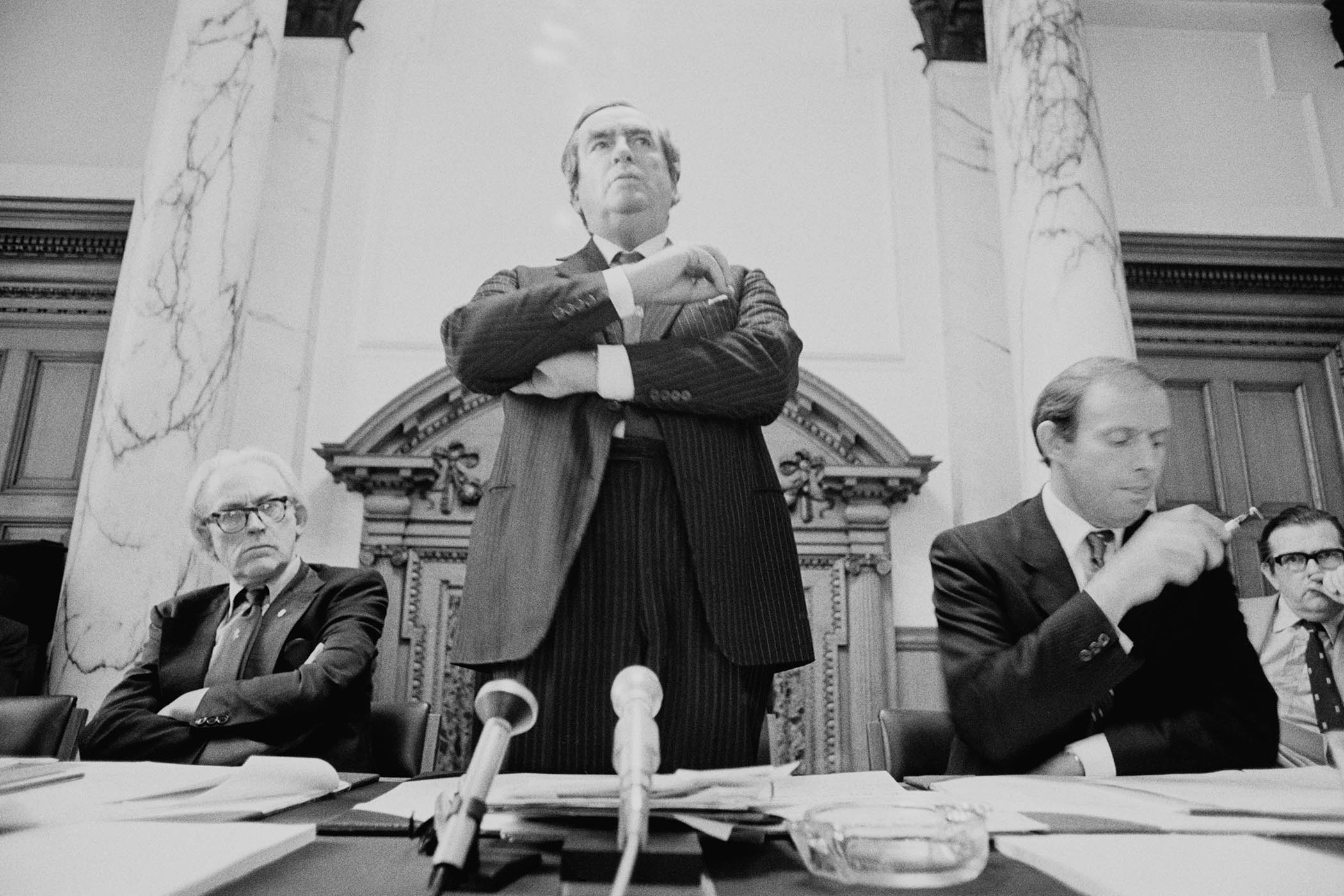 Chancellor Denis Healey, flanked by Michael Foot and Eric Varley, in 1975
