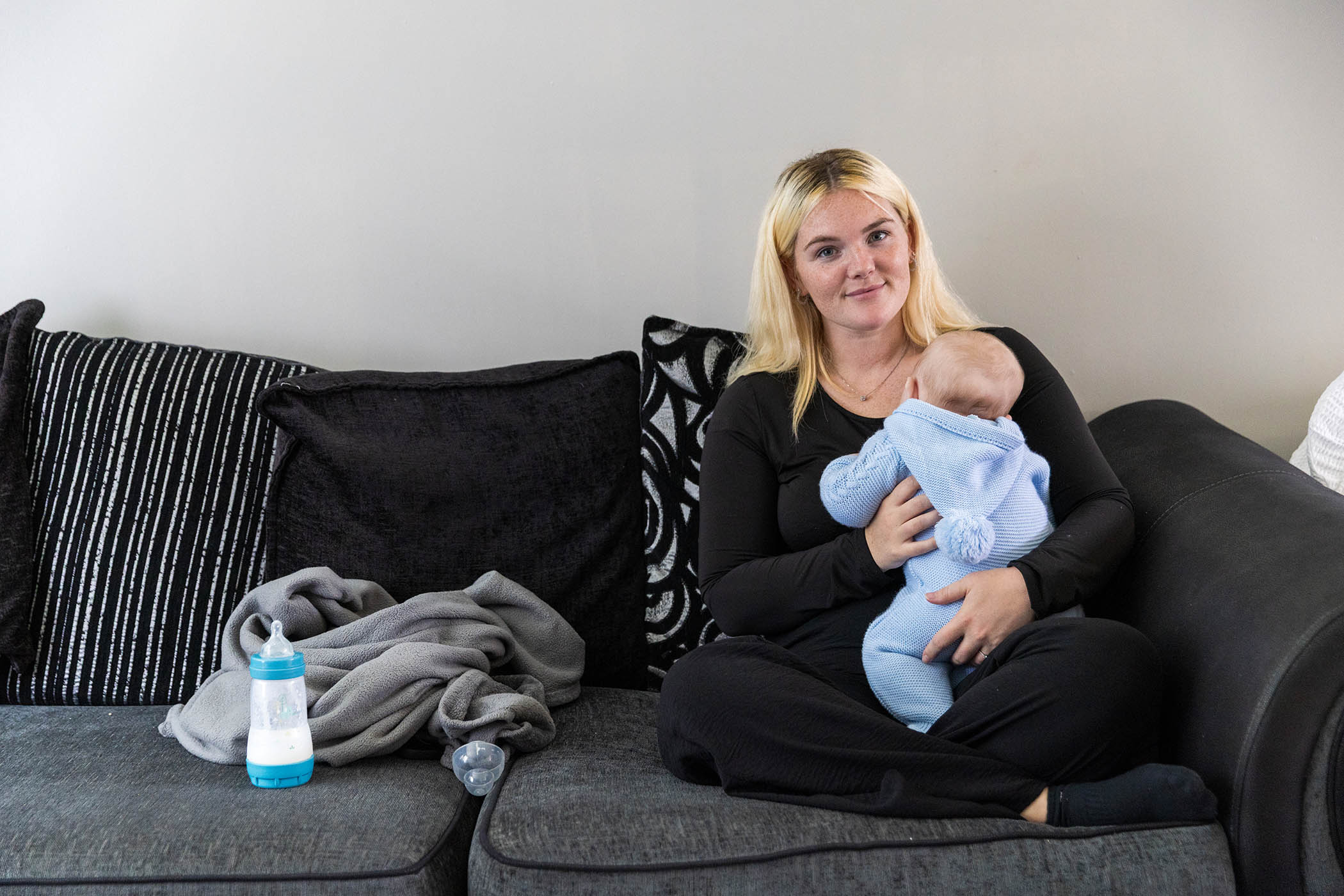 Leah Aldred and 3 month old son Ashton at home on the Woodcock Estate. The Platts Bridige area in The Makerfield Constituency