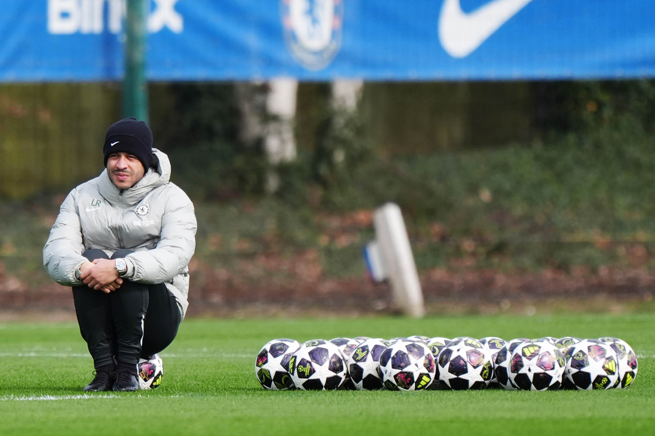 Chelsea manager Liam Rosenior during a training session at Cobham Training Ground, Surrey