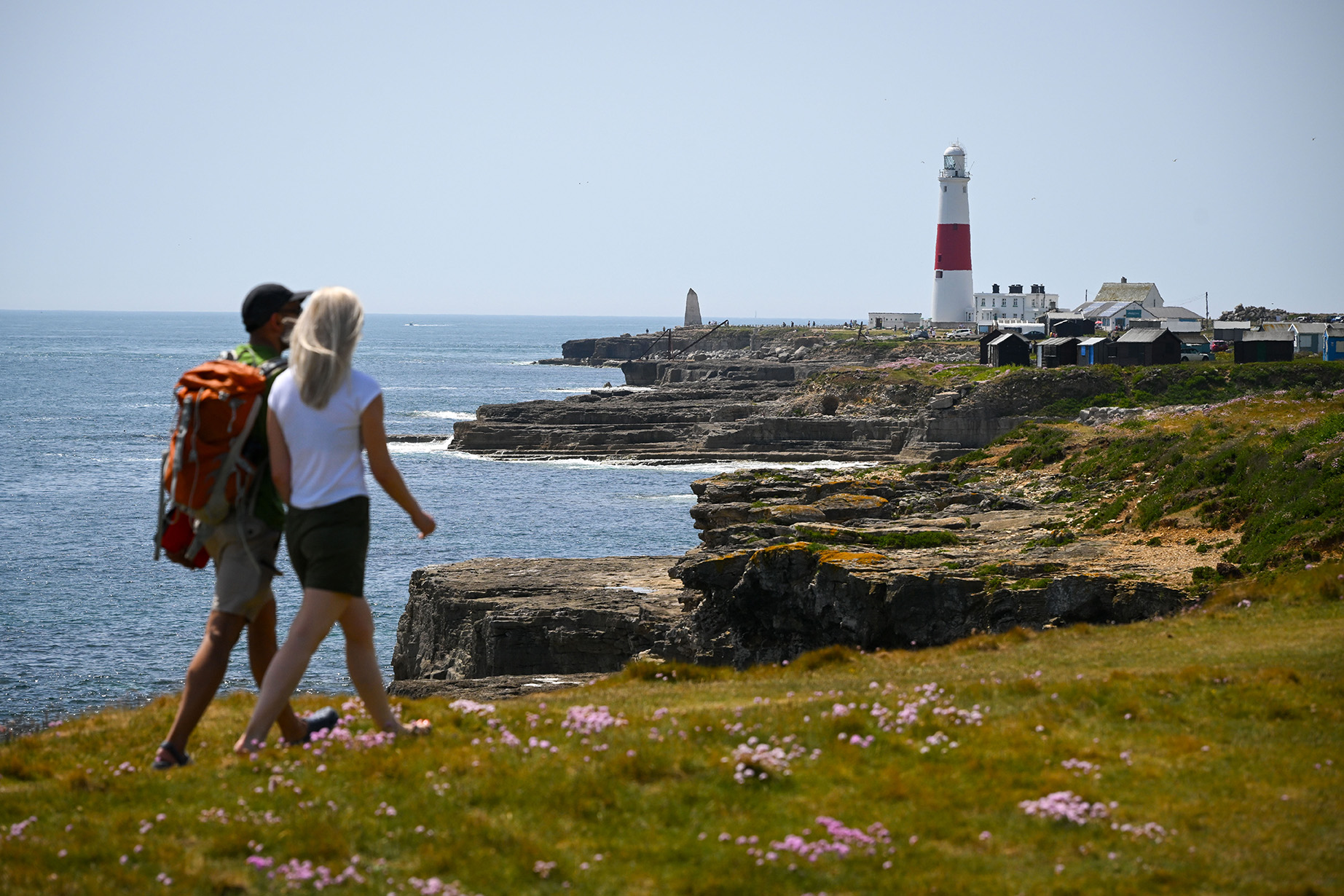 Walking towards the lighthouse at Portland Bill