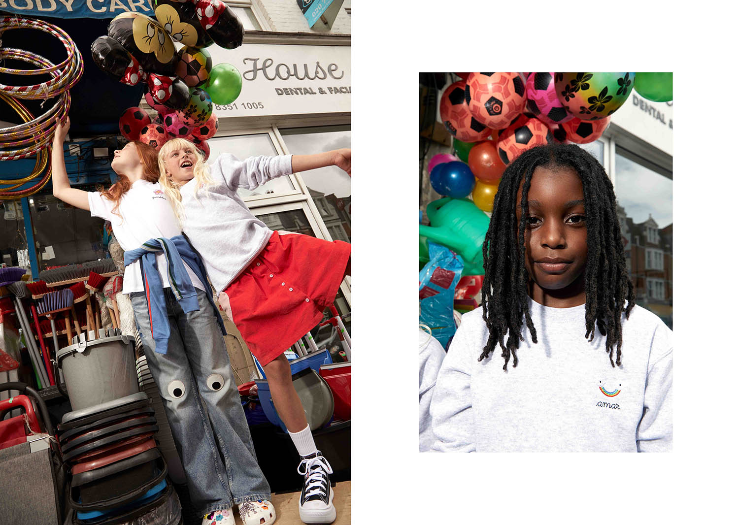 Gwen (left) T-shirt custom-embroidered by Cressida Jamieson. Jeans, H&amp;M. Googly-eye iron-on patches, Holly &amp; Co. Clog shoes with charms, Crocs. Marlowe (middle) Sweatshirt custom-embroidered by Cressida Jamieson. Mini skirt, Boden. Socks, M&amp;S. High-top trainers, Converse from Schuh. Amar (right) Sweatshirt custom-embroidered by Cressida Jamieson