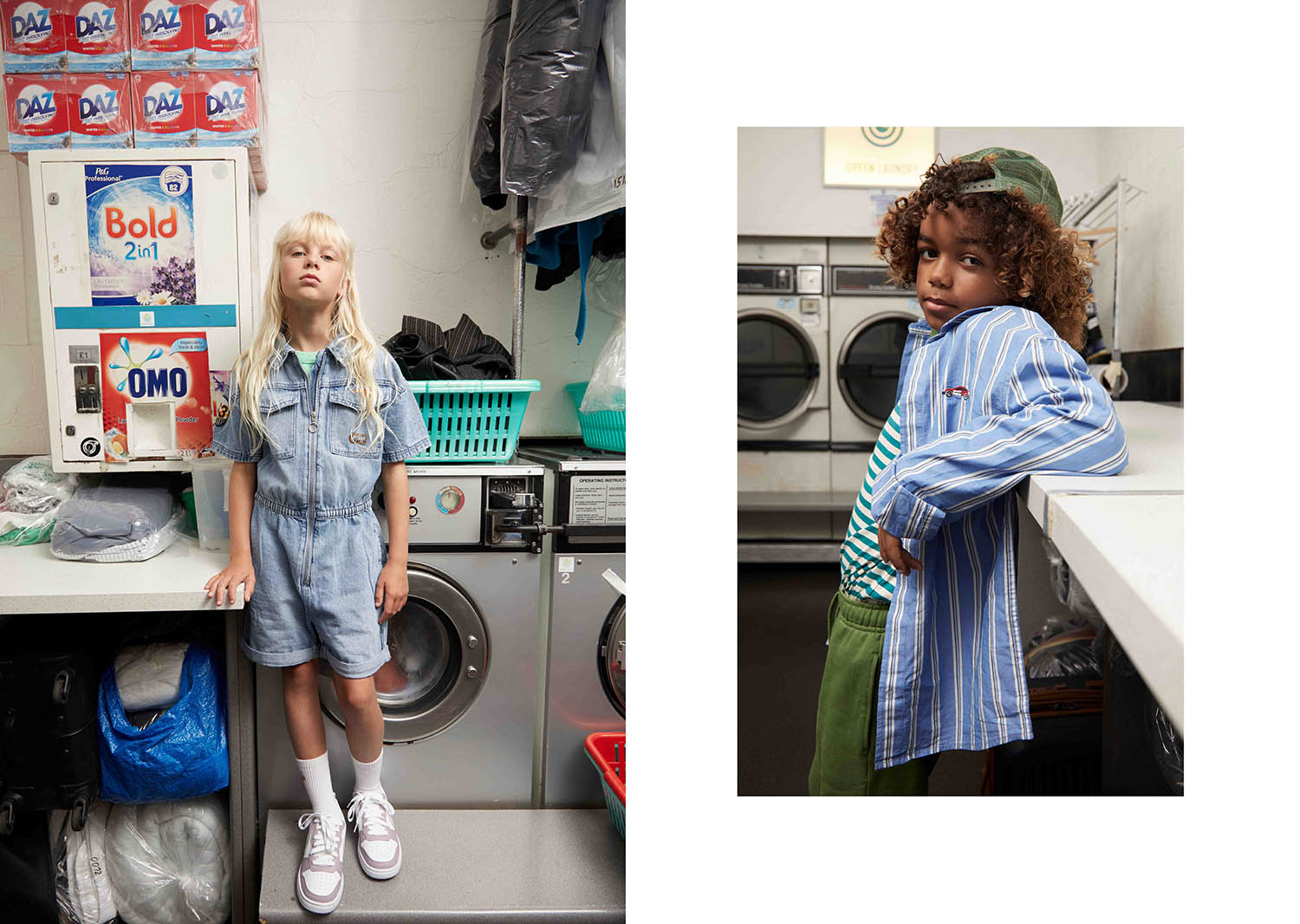 Marlowe (left) Denim playsuit, vest and socks, all M&amp;S. Nike Court Borough trainers from Schuh. Rafael (right) Striped shirt, long sleeve top, joggers and cap, all John Lewis.