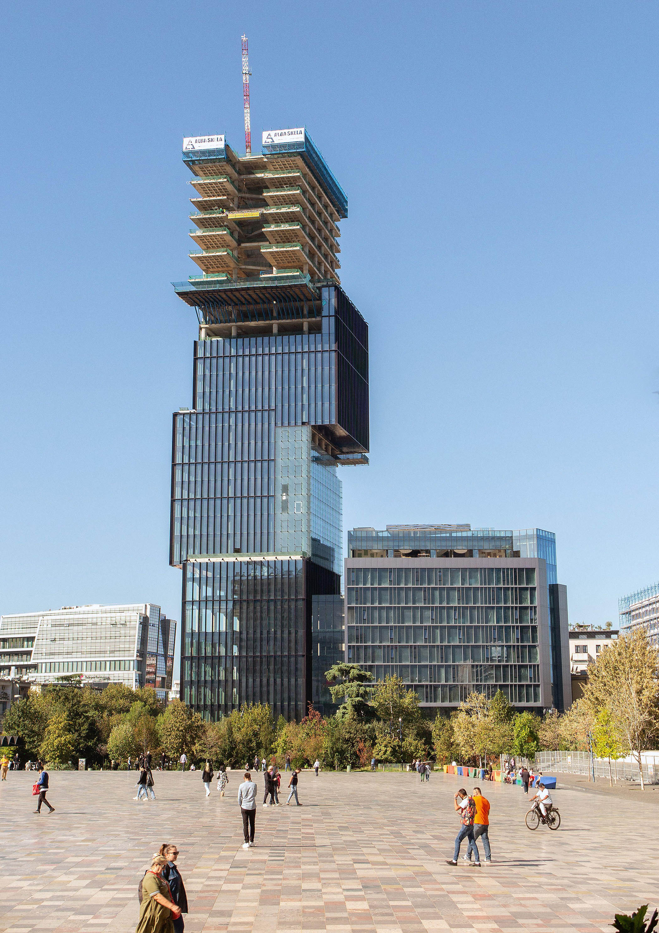 A skyscraper under construction on Tirana’s Skanderbeg Square