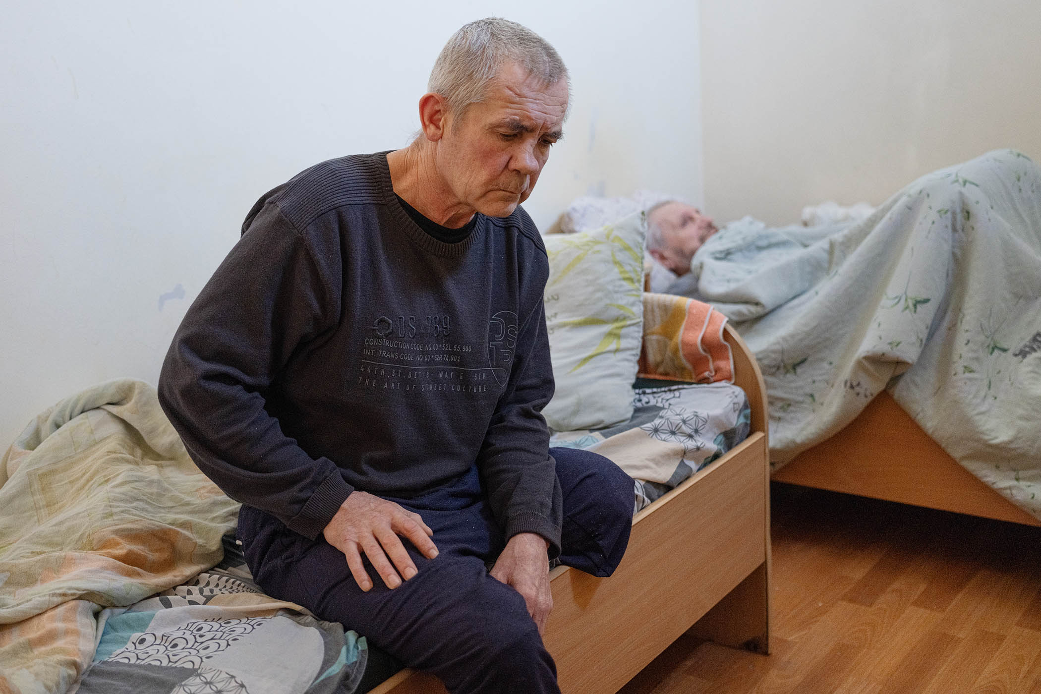 Volodymyr Baidarov, 53, had a leg amputated after stepping on a landmine. He now lives at Luchansky hospital awaiting displaced person status after his home was destroyed