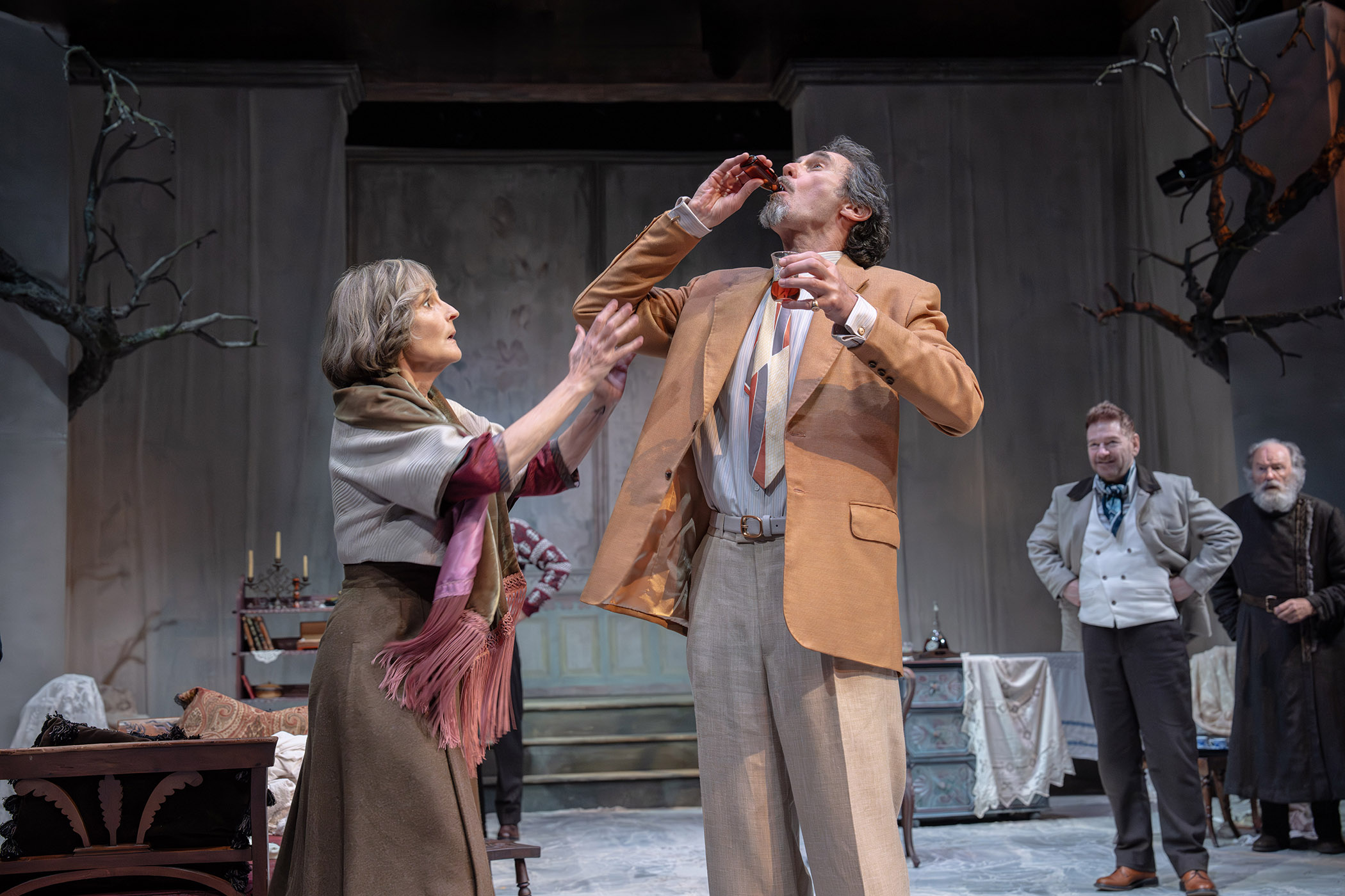 ‘Constantly retreats into humour’: Helen Hunt, Bill Pullman, and right, Kenneth Branagh in the RSC’s The Cherry Orchard
