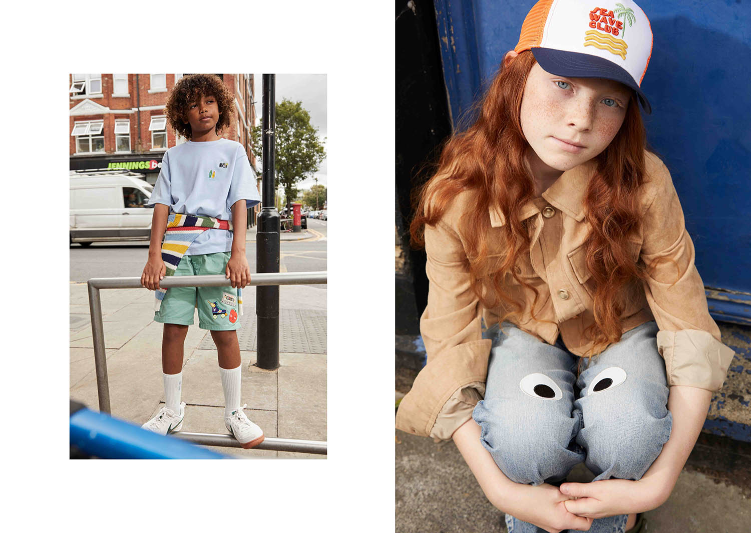 Rafael (left) Personalised t-shirt with embroidery by RE.UNIQLO studios, Uniqlo. Striped jumper, Boden. Green shorts, H&amp;M. Retro iron-on patches, Holly &amp; Co. Socks, M&amp;S. Gato trainers, Nike from Schuh. Gwen (right) Cap, John Lewis. Jacket and jeans, both H&amp;M. Googly-eye iron-on patches, Holly &amp; Co