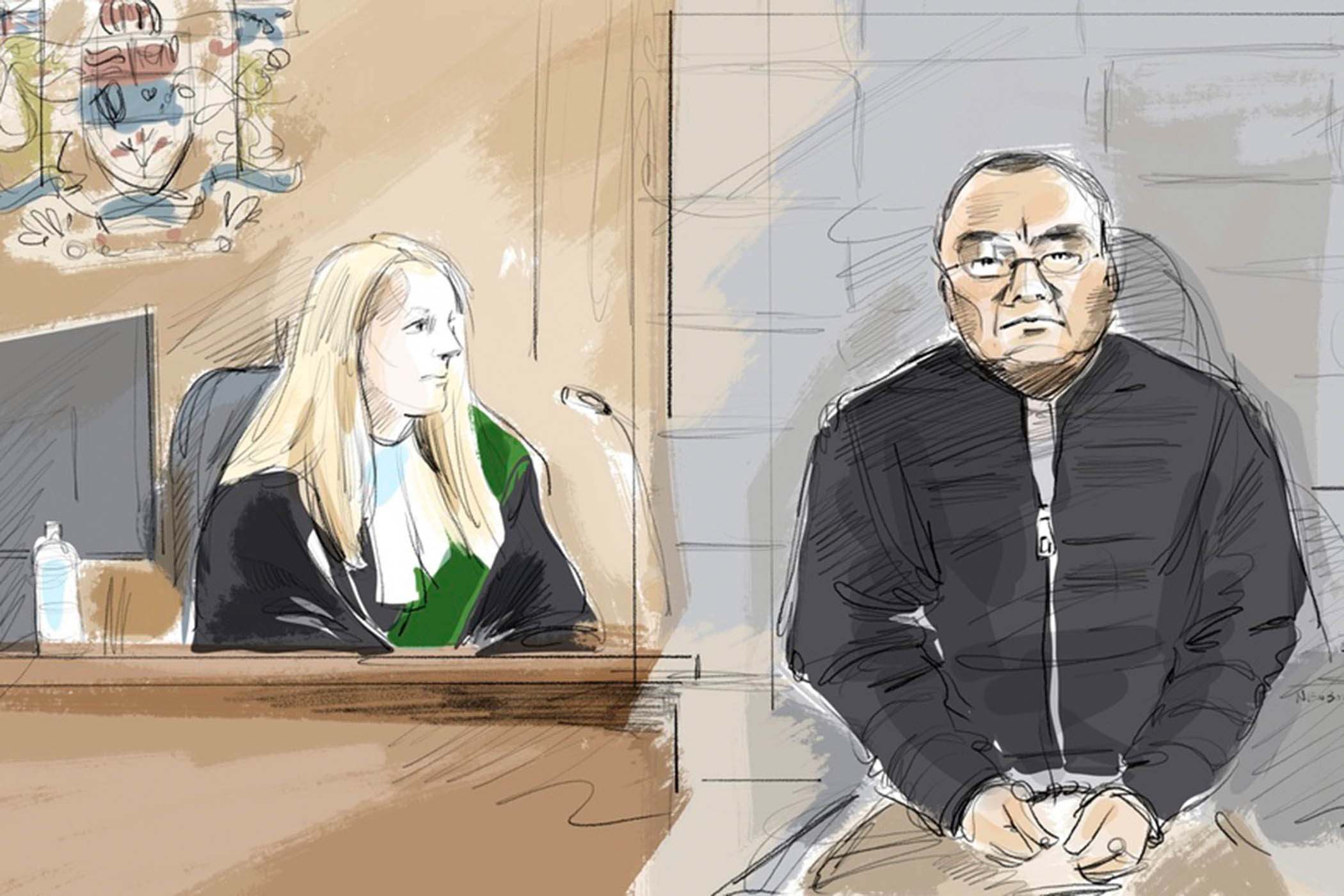A courtroom sketch shows Kenneth Law in court in Brampton, Ontario