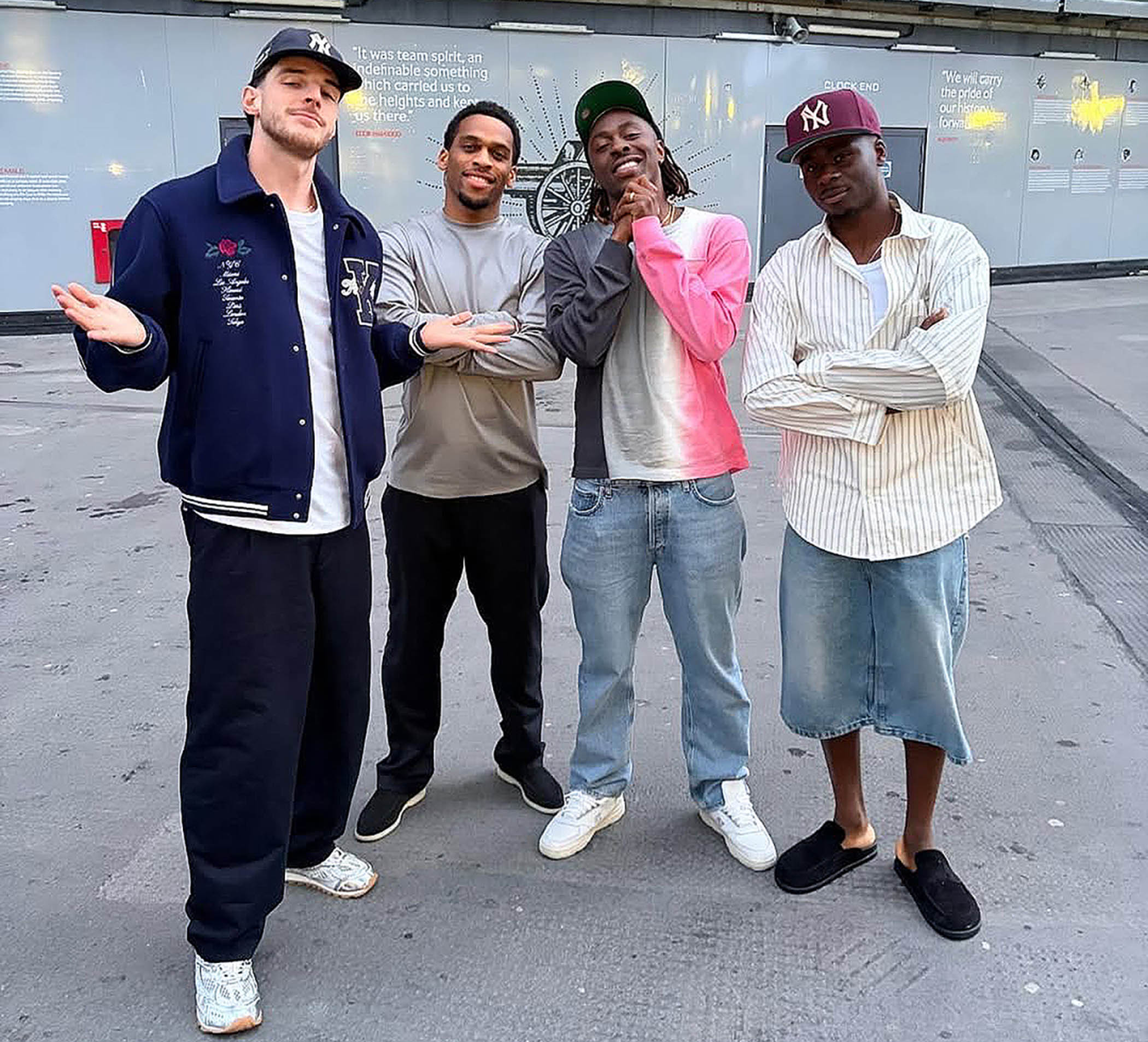 Declan Rice (left) with L-R Jurriën Timber, Eberechi Eze and Bukayo Saka outside the Emirates at 5am
