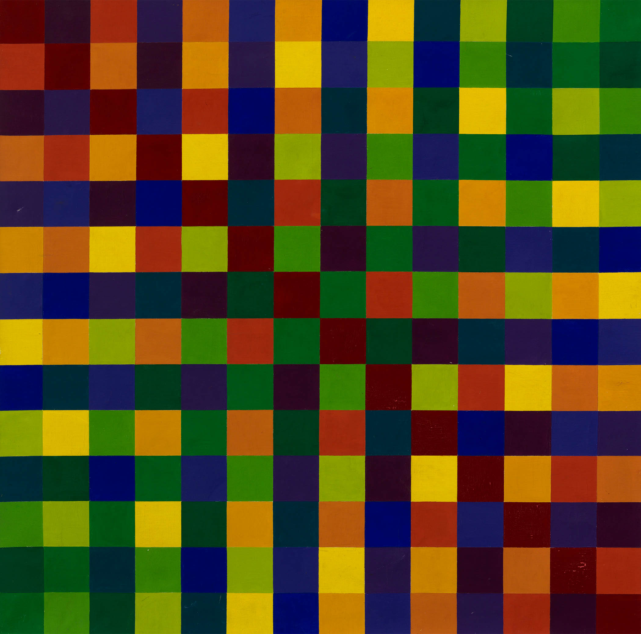 Four Juxtaposed Patterns in 14 Colours, 1959, with ‘squares that seem to buckle and bend’