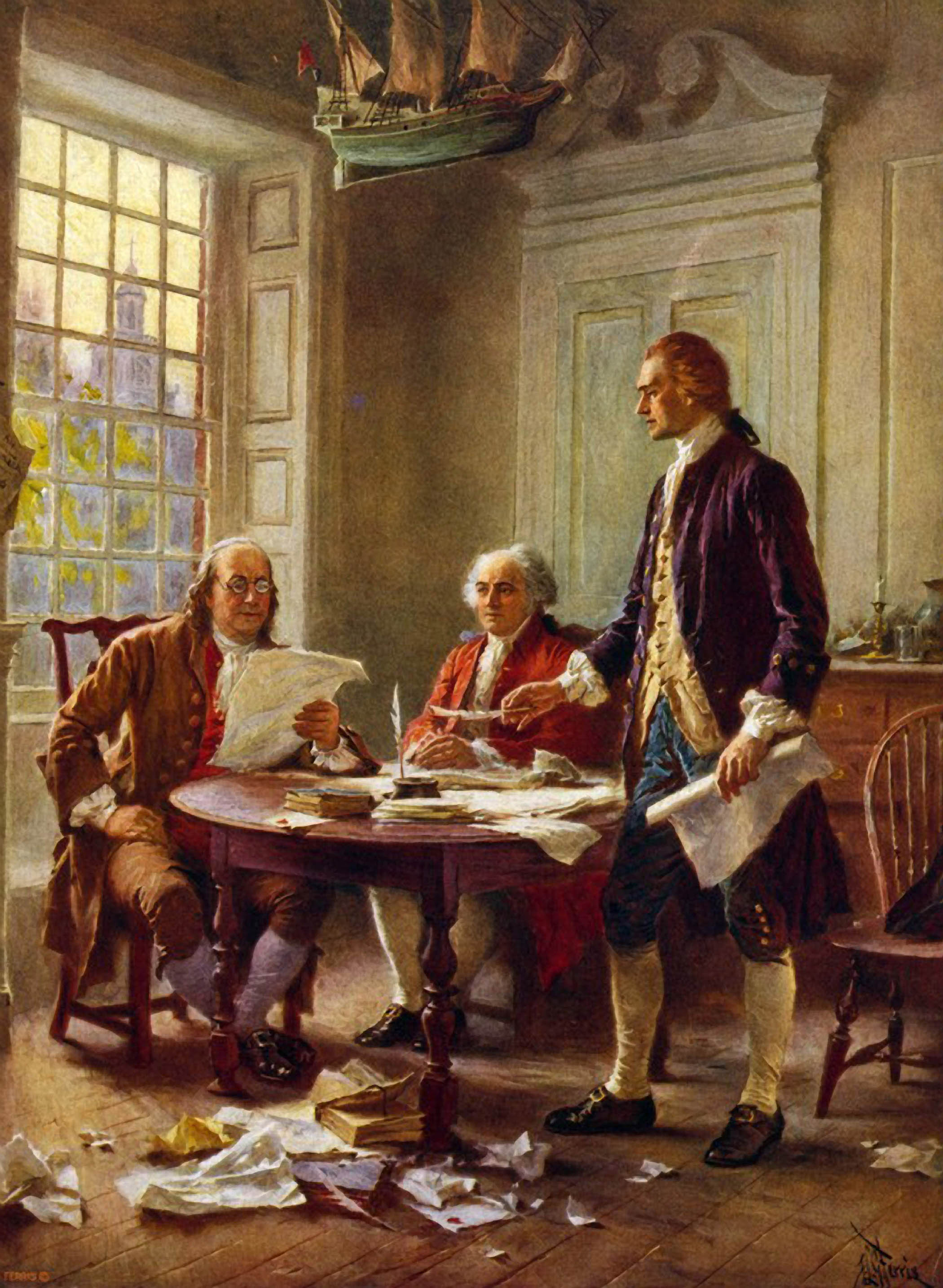 JLG Ferris’s painting of Benjamin Franklin, John Adams and Thomas Jefferson drafting the 1776 declaration of independence.