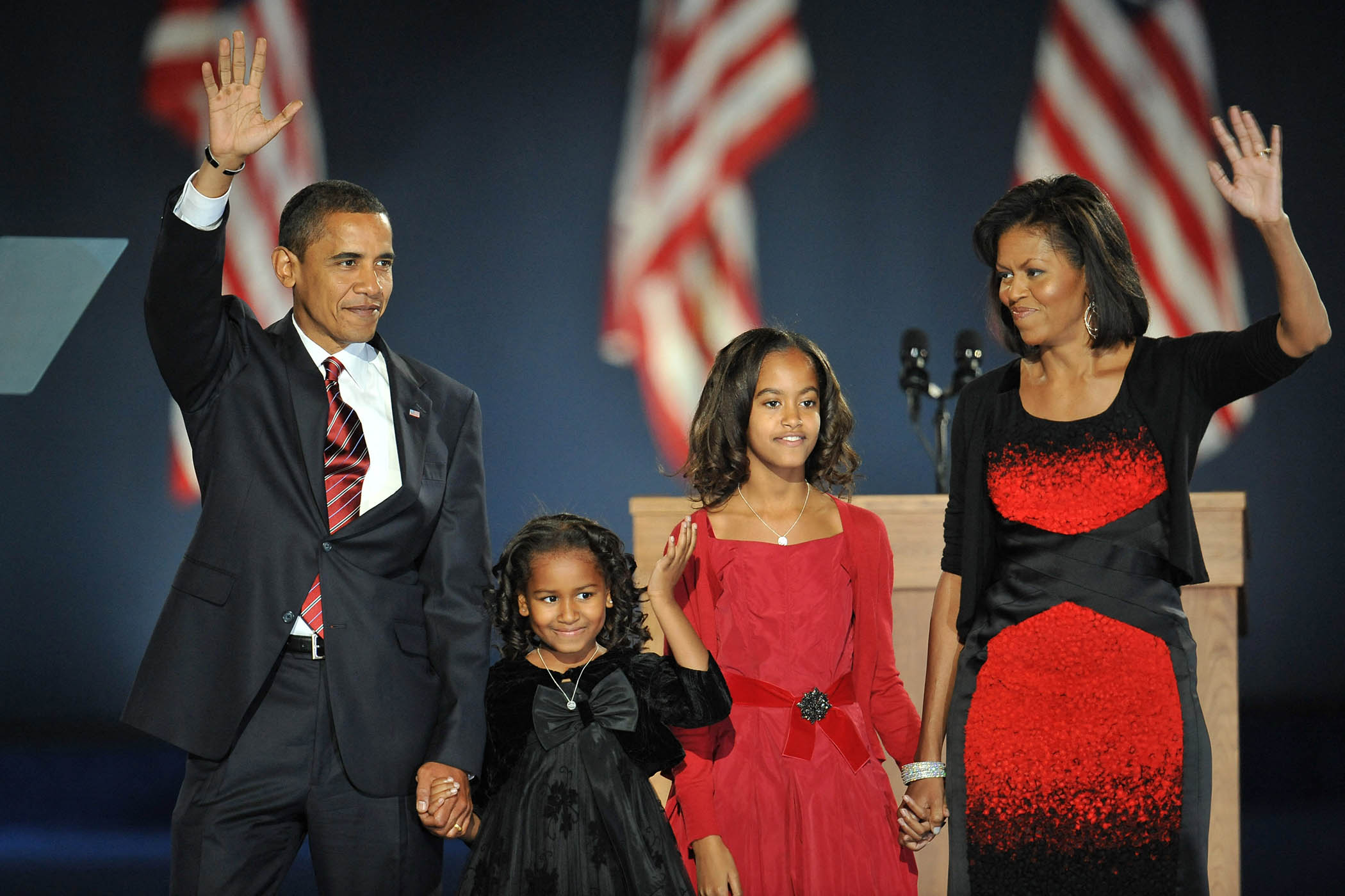 President-elect Barack Obama with his wife, Michelle, and children at his election party in Chicago, 4 November 2008. 