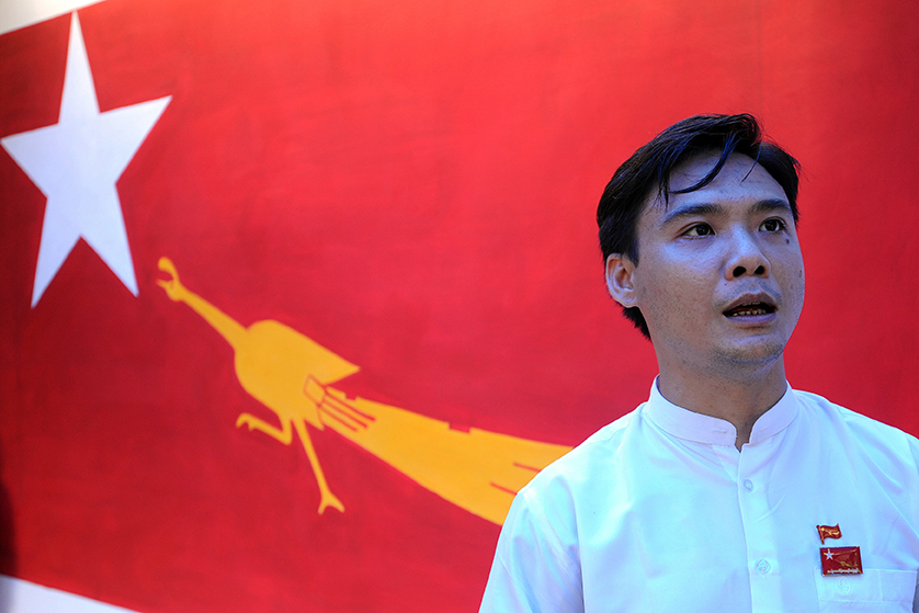 Phyo Zeya Thaw talks to reporters in Yangon in 2012