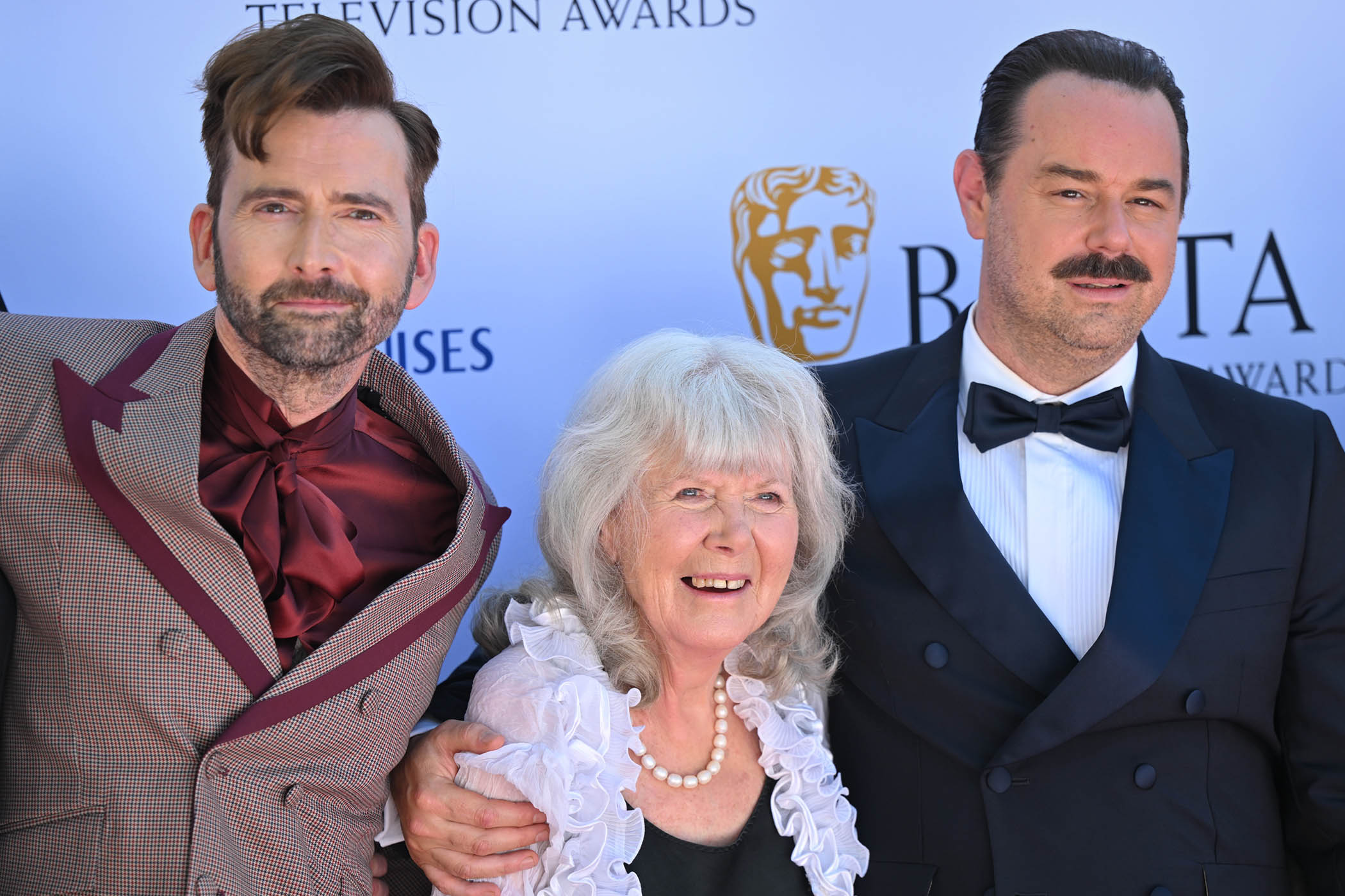 Jilly with David Tennant and Danny Dyer who play leads in the Disney+ TV adaptation of Rivals.