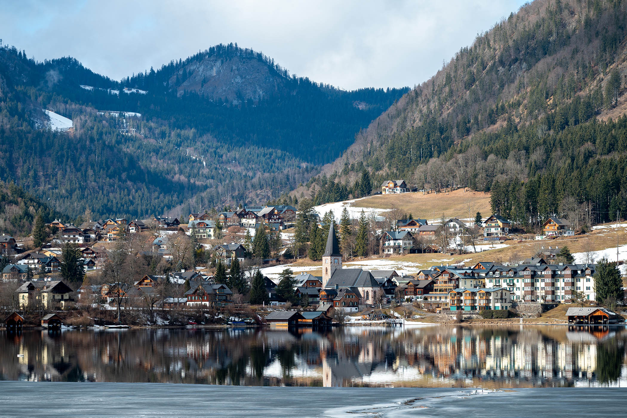 Altaussee village, Altaussee lake and Loser Plateau mountain in Styria, Austria
