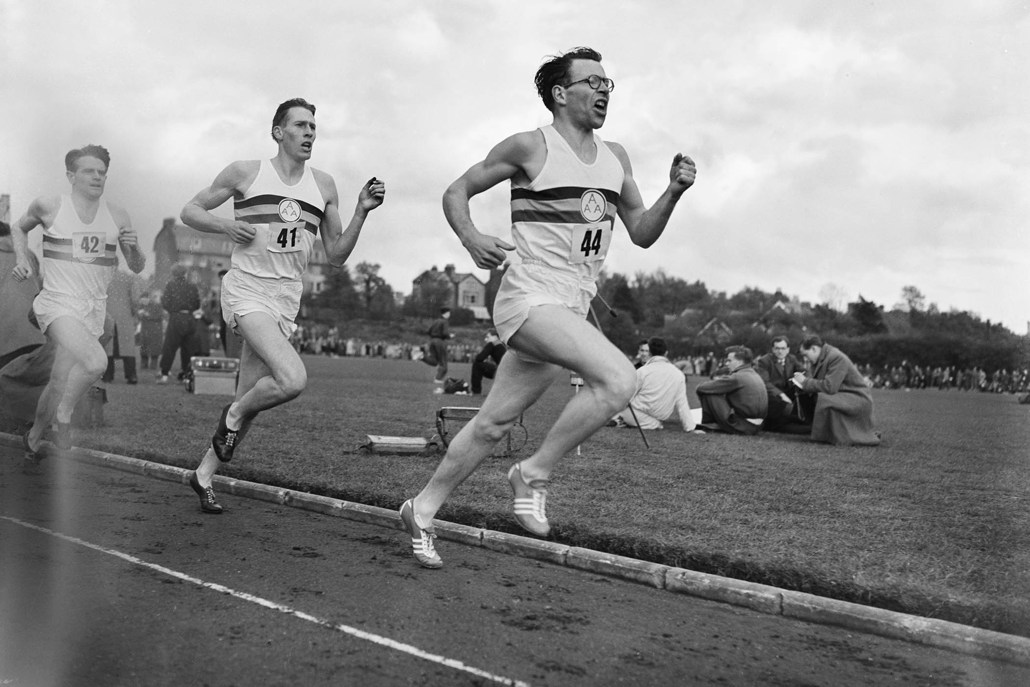 Chris Brasher (1928 - 2003) takes the lead, closely followed by Roger Bannister during a historic race at Iffley Road, Oxford. This was the event which saw Bannister break the world record by running a mile in 3 minutes, 59.4 seconds.
