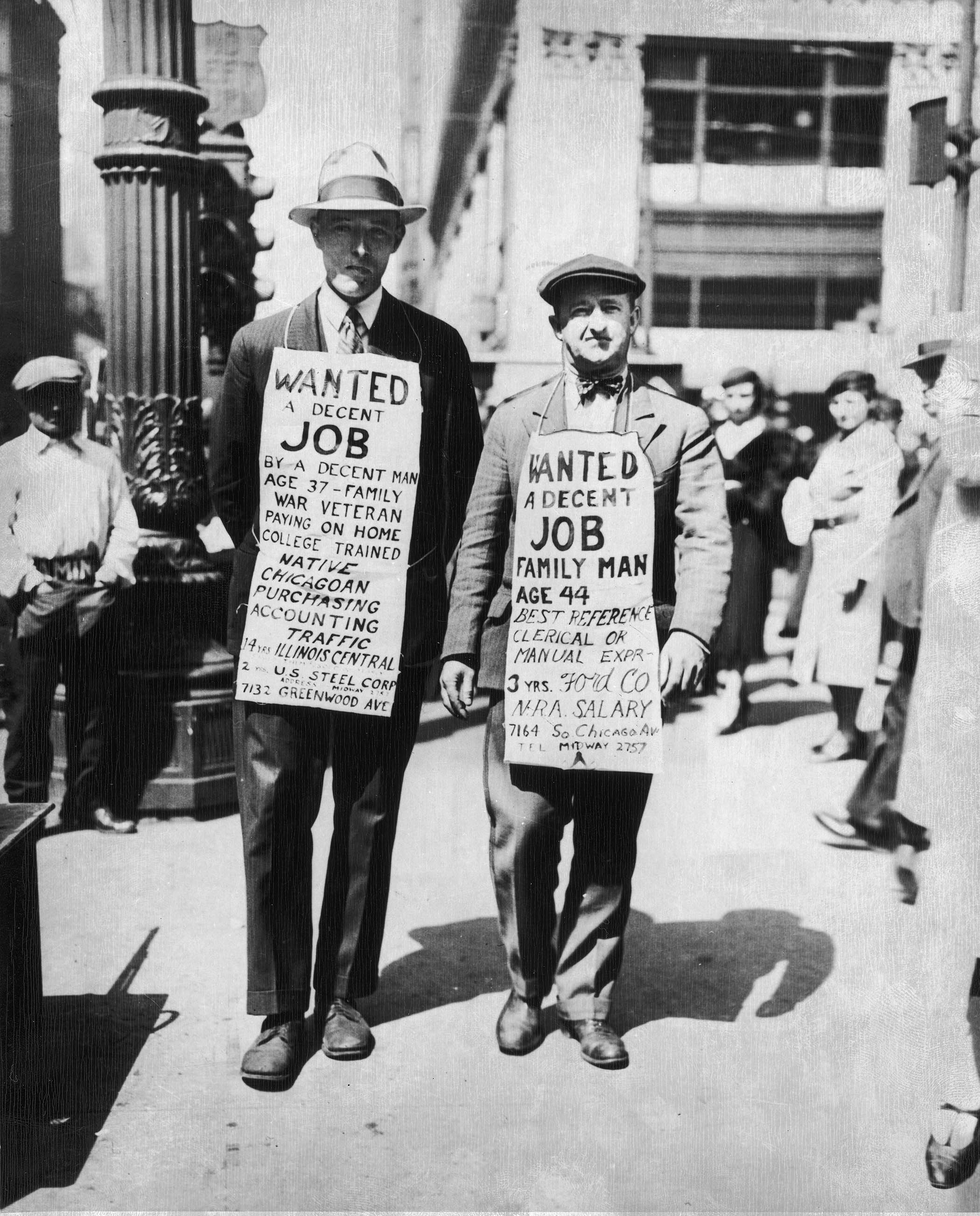 Two men looking for work during the Great Depression, Chicago, Illinois, 15 April 1934. The downturn lasted from 1929 to 1939.