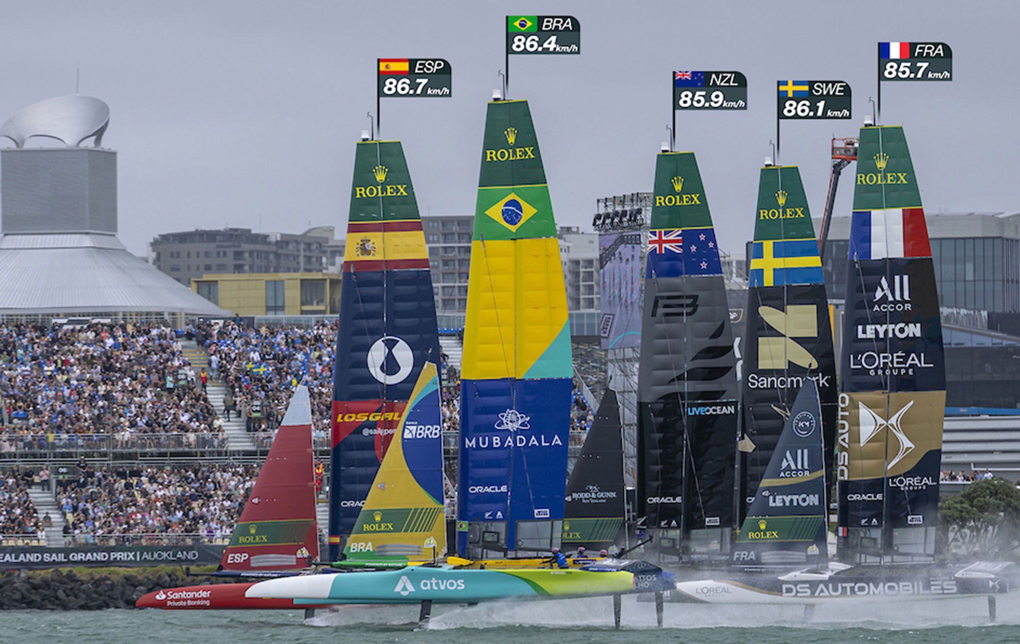 Rolex SailGP Championship races at exhilarating speeds of more than 80kmph in front of 20,000 fans in Auckland at the second event of the 2026 season in February