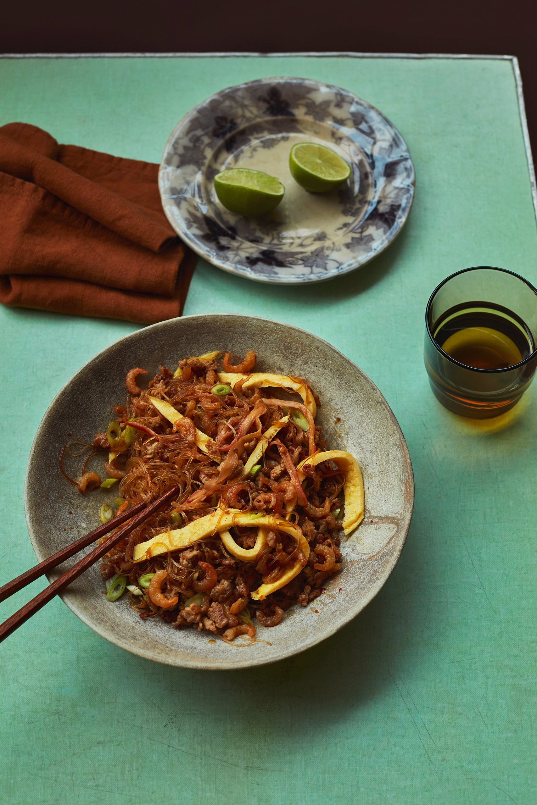 Dried mushrooms can work instead of the seafood: stir-fried glass noodles with pork mince, egg and dried shrimp