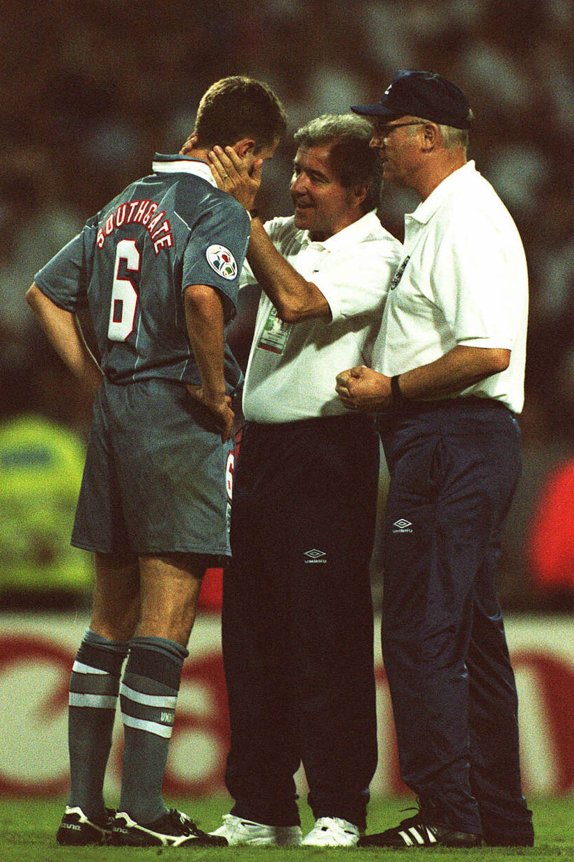 The penalty miss of 1996: Southgate is consoled by manager Terry Venables after England go out to Germany