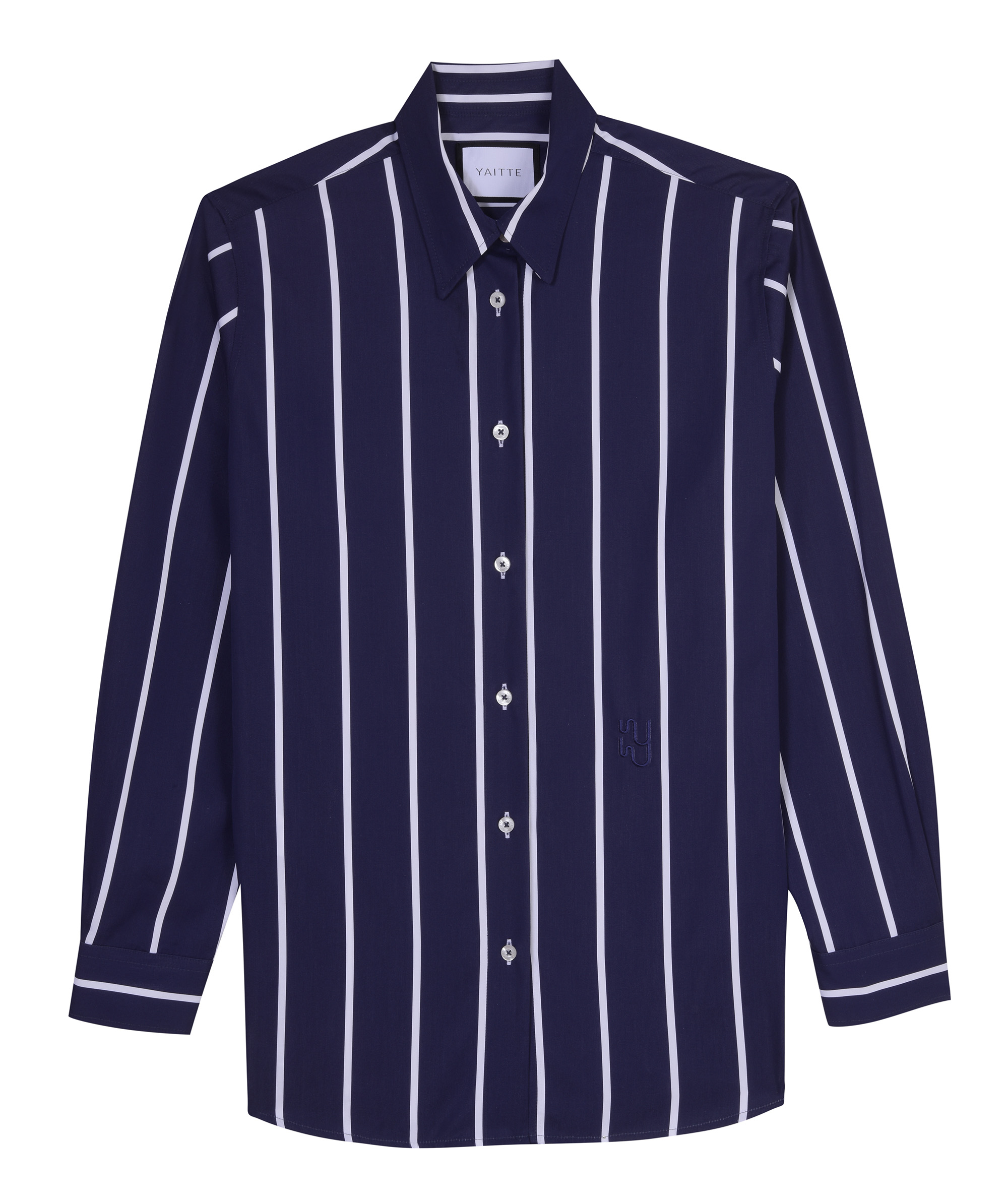 Wide navy stripe shirt, £225, Yaitte